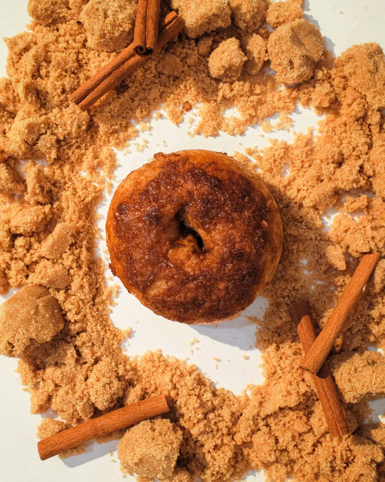 A cinnamon raisin bagel resting on loose brown sugar and cinnamon sticks.